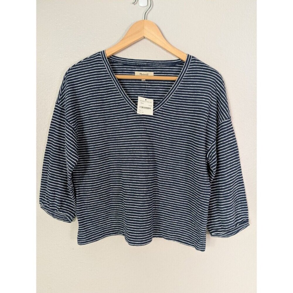 NWT Madewell Nordstrom Small Top Navy White Stripe Puff 3/4 Sleeve Shirt